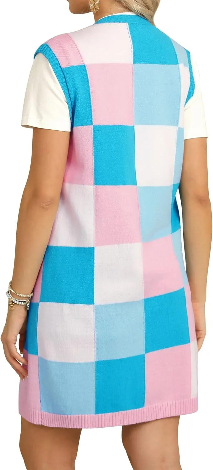 ZXZY Womens Sleeveless Cardigan Fashion Contrast Color Block Plaid Cute Lightweight Knit Long Vest