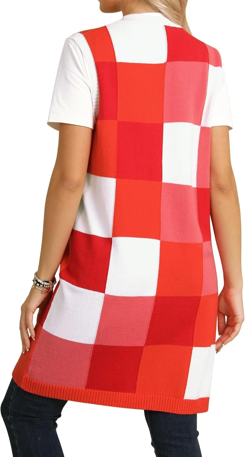 ZXZY Womens Sleeveless Cardigan Fashion Contrast Color Block Plaid Cute Lightweight Knit Long Vest