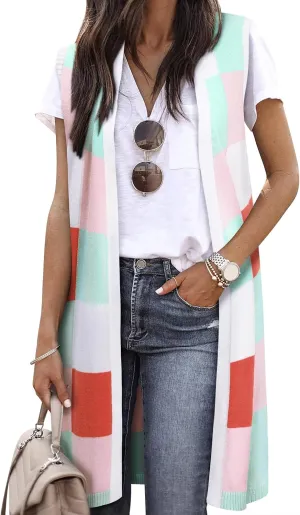 ZXZY Womens Sleeveless Cardigan Fashion Contrast Color Block Plaid Cute Lightweight Knit Long Vest