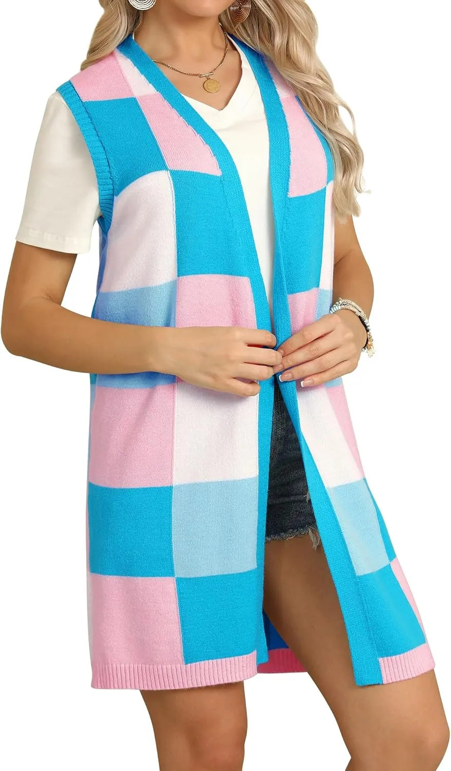 ZXZY Womens Sleeveless Cardigan Fashion Contrast Color Block Plaid Cute Lightweight Knit Long Vest