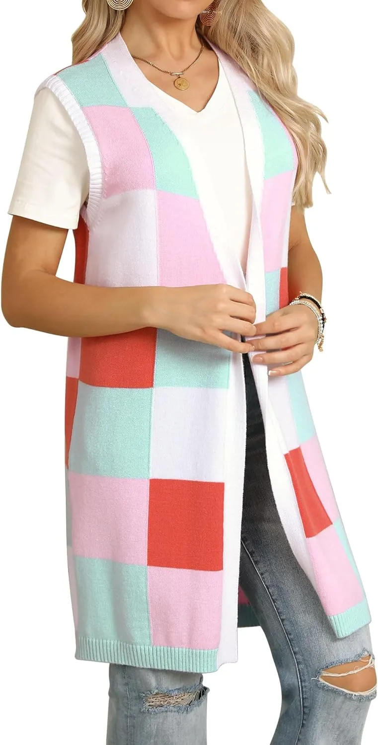 ZXZY Womens Sleeveless Cardigan Fashion Contrast Color Block Plaid Cute Lightweight Knit Long Vest