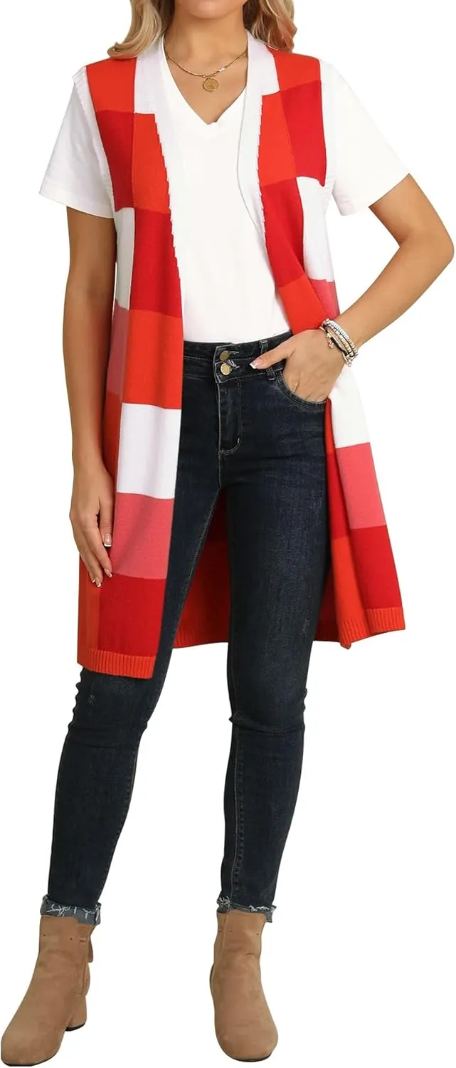 ZXZY Womens Sleeveless Cardigan Fashion Contrast Color Block Plaid Cute Lightweight Knit Long Vest