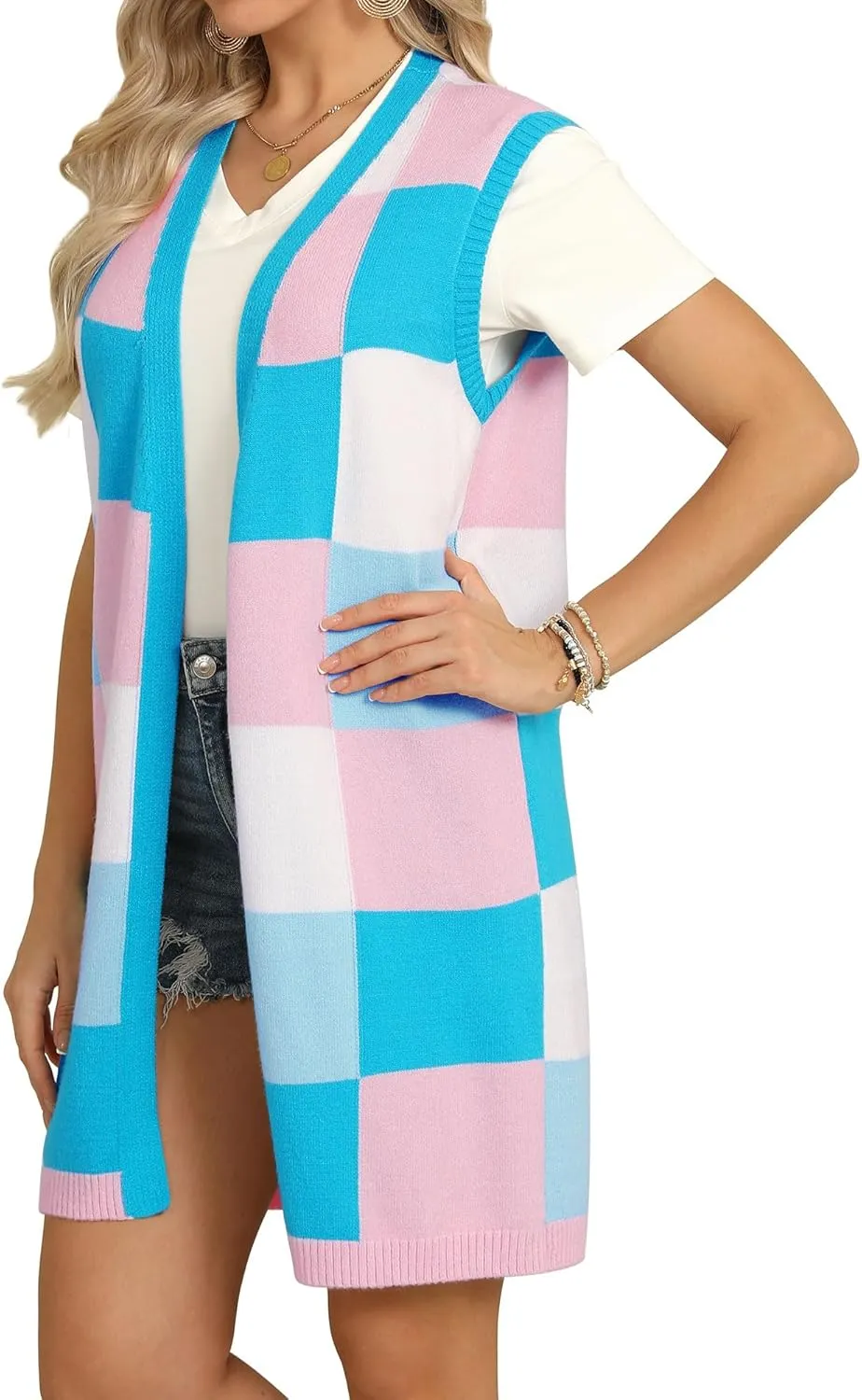 ZXZY Womens Sleeveless Cardigan Fashion Contrast Color Block Plaid Cute Lightweight Knit Long Vest