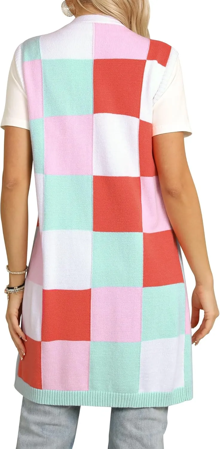 ZXZY Womens Sleeveless Cardigan Fashion Contrast Color Block Plaid Cute Lightweight Knit Long Vest