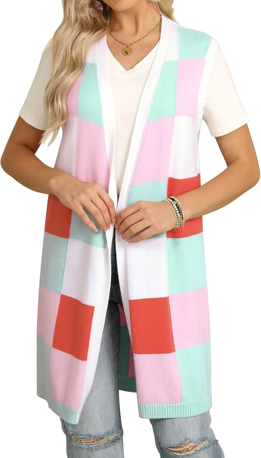 ZXZY Womens Sleeveless Cardigan Fashion Contrast Color Block Plaid Cute Lightweight Knit Long Vest