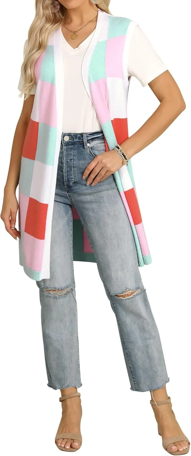 ZXZY Womens Sleeveless Cardigan Fashion Contrast Color Block Plaid Cute Lightweight Knit Long Vest