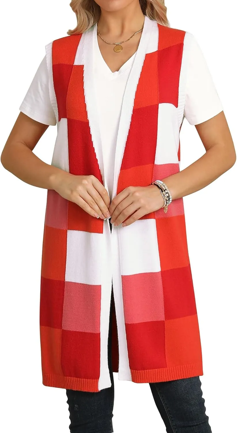 ZXZY Womens Sleeveless Cardigan Fashion Contrast Color Block Plaid Cute Lightweight Knit Long Vest