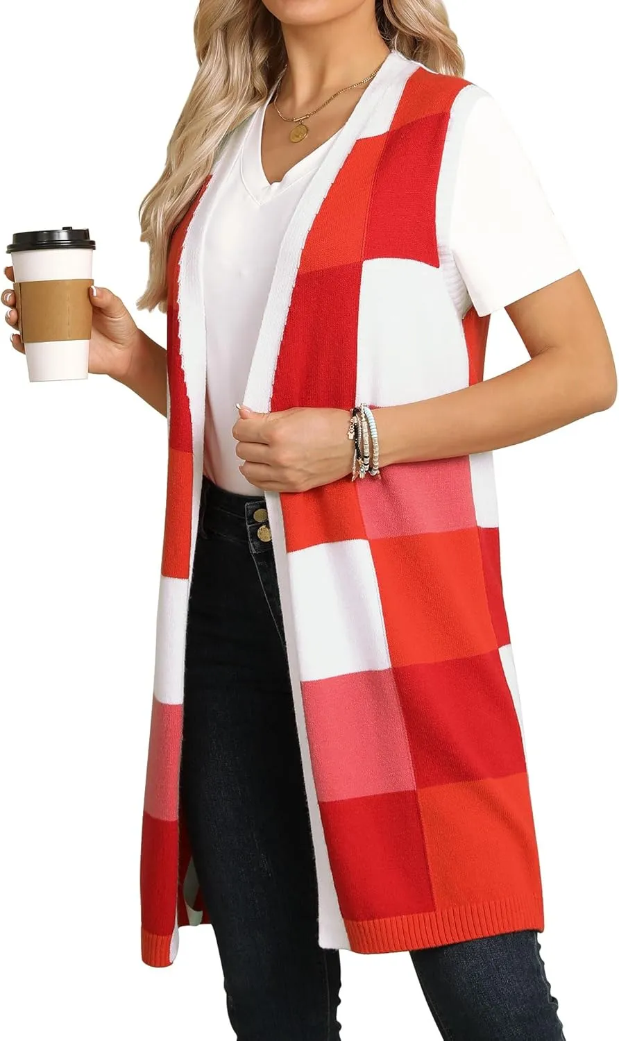 ZXZY Womens Sleeveless Cardigan Fashion Contrast Color Block Plaid Cute Lightweight Knit Long Vest