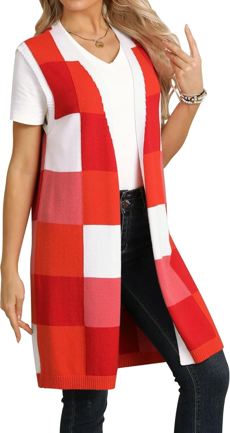 ZXZY Womens Sleeveless Cardigan Fashion Contrast Color Block Plaid Cute Lightweight Knit Long Vest