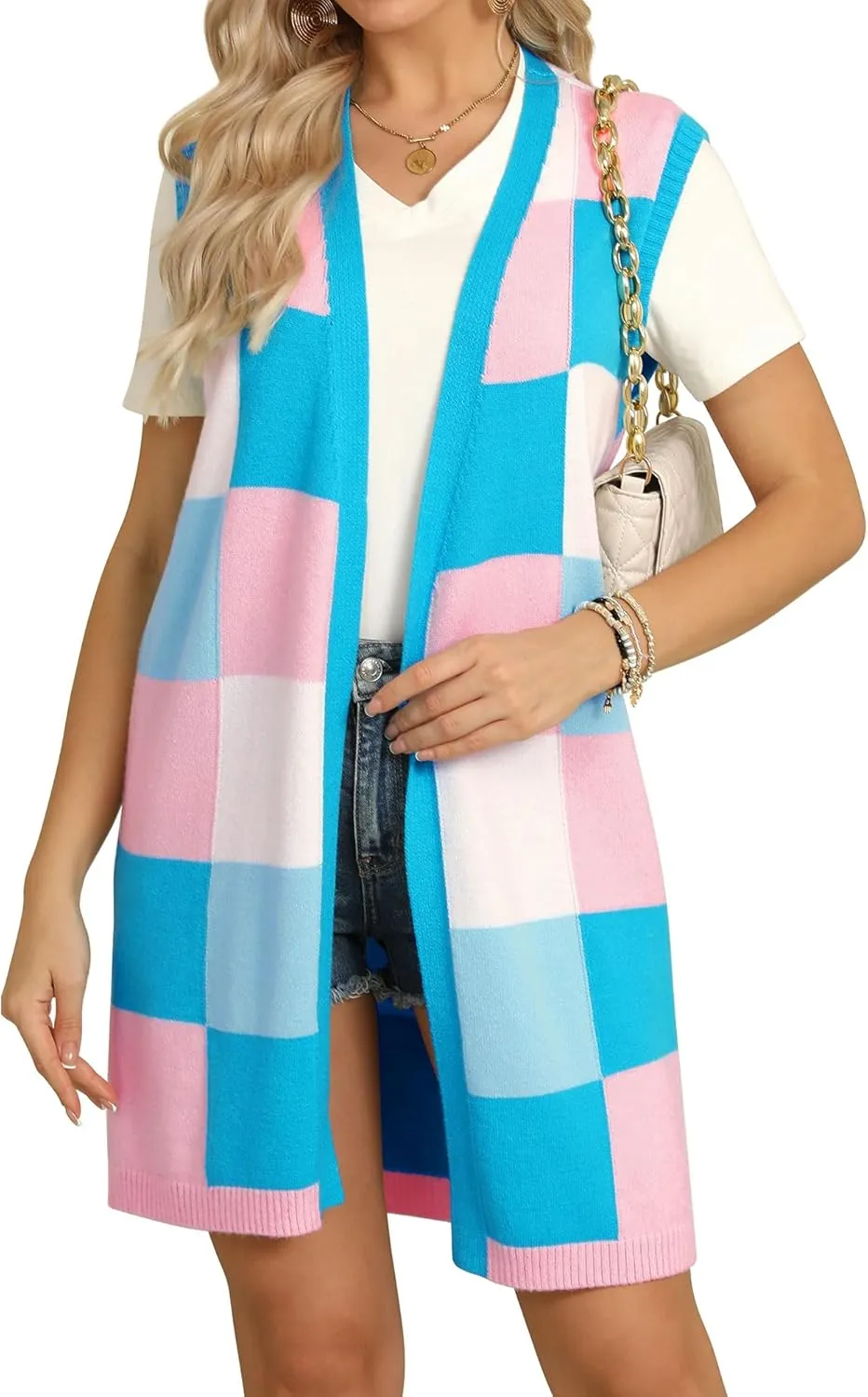 ZXZY Womens Sleeveless Cardigan Fashion Contrast Color Block Plaid Cute Lightweight Knit Long Vest